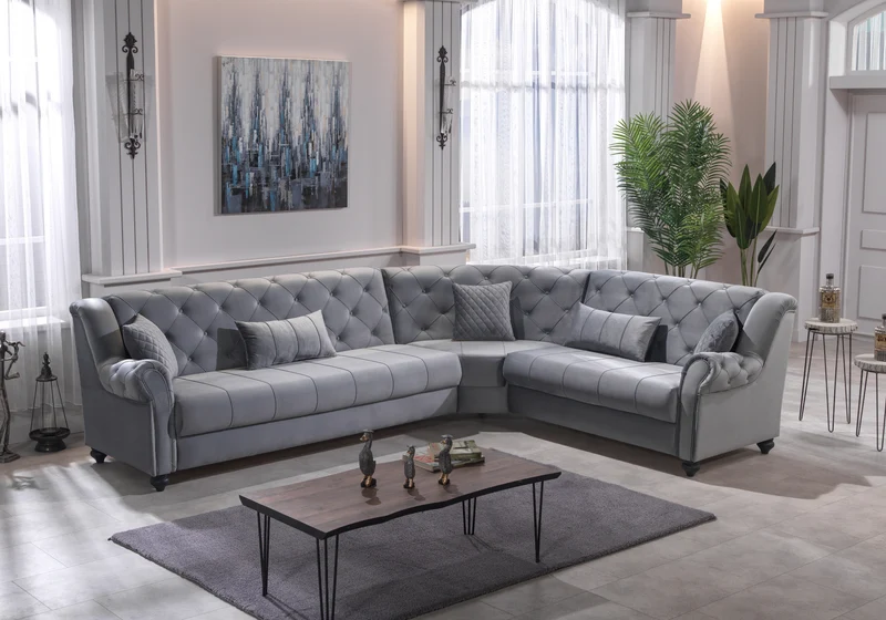 Canapé d’angle capitonné velours gris – MEVA