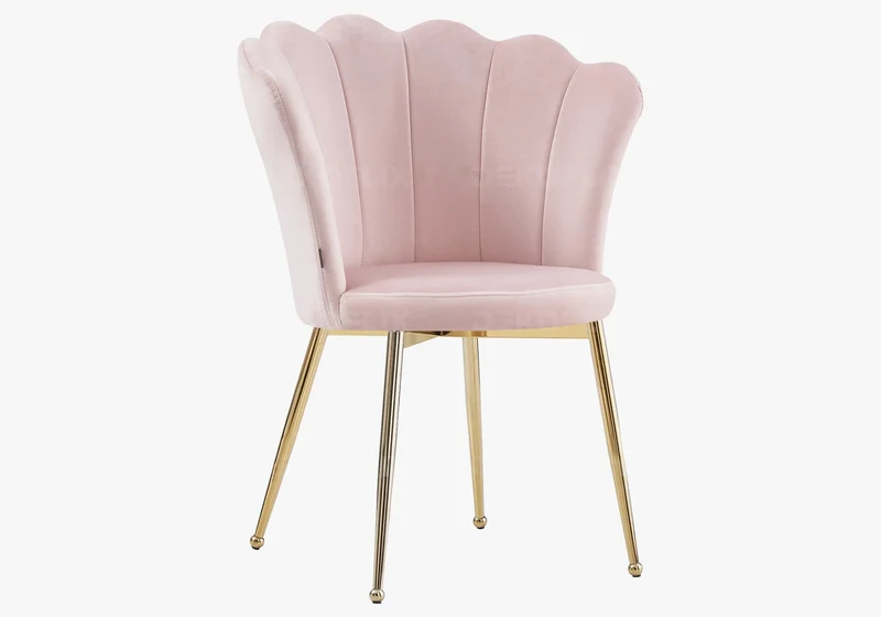 Chaise de table coquillage velours rose pieds or - Nymea x2