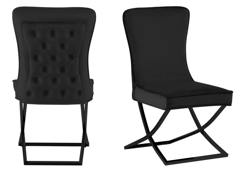 Chaise capitonnée pied croisé velours noir - Enzo x2