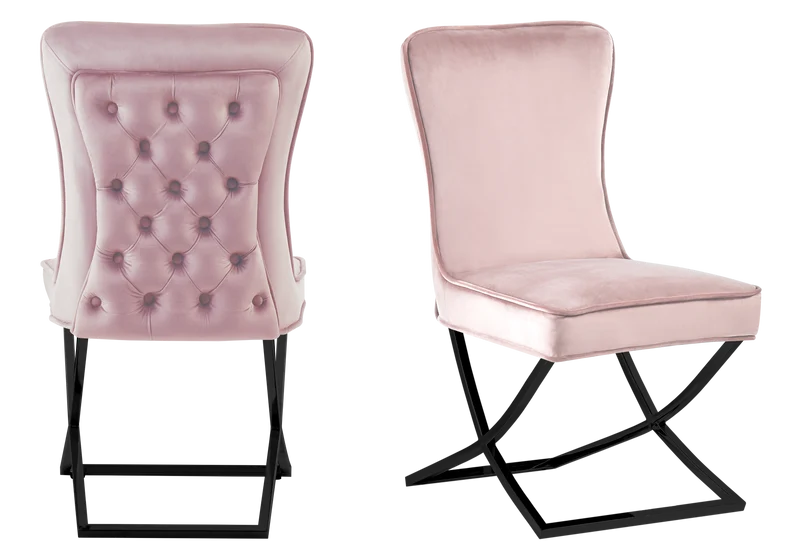 Chaise capitonnée pied croisé noir rose poudré - Enzo x2
