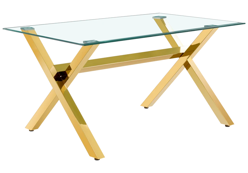 Table à manger verre trempé pieds X dorés - Cross