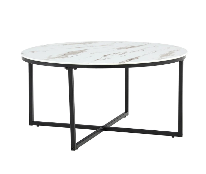 TABLE BASSE LORIE PIED METAL NOIR MARBRE BLANC 90CM
