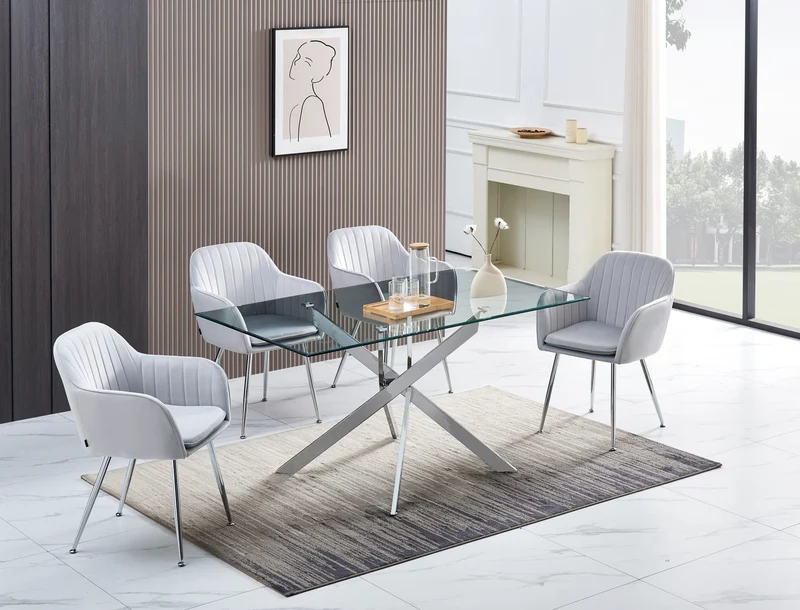 TABLE REPAS JESSICA RECTANGLE CHROME VERRE TRANSPARENT 150x90cm
