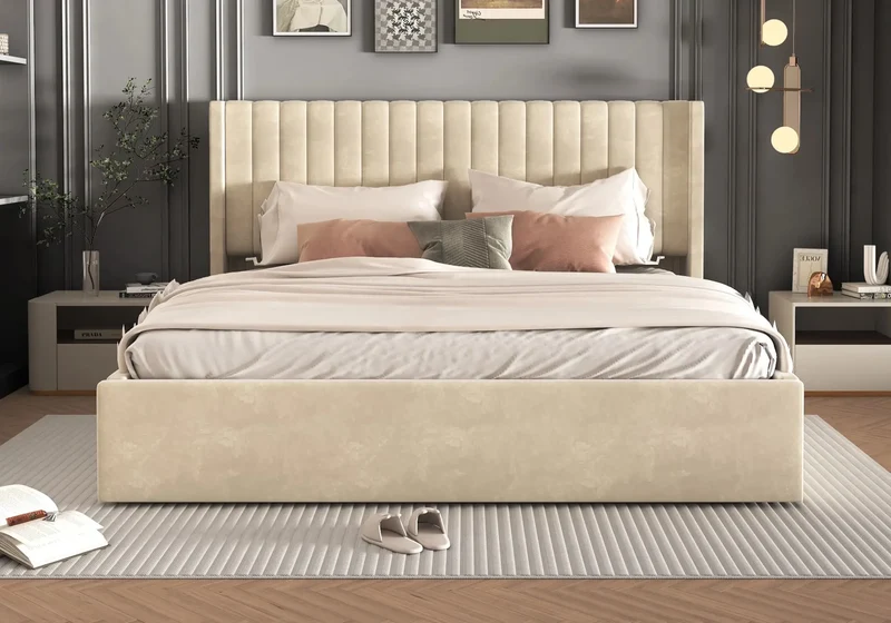 Lit velours coffre beige - Lova