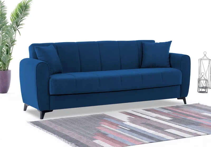 Canapé Turc Pas Cher - Lit & Coffre de Rangement – Velours Bleu LARA