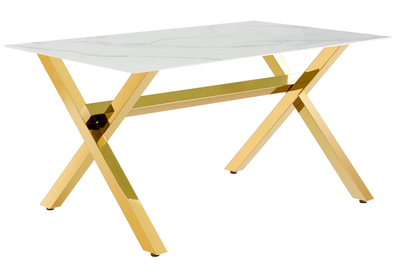 Table à manger marbre blanc pieds X dorés - Cross