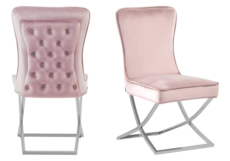 Chaise capitonnée pied croisé argent rose poudré - Enzo x2