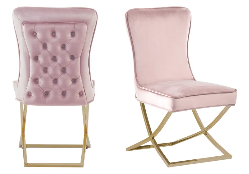 Chaise capitonnée pied croisé doré rose poudré - Enzo x2