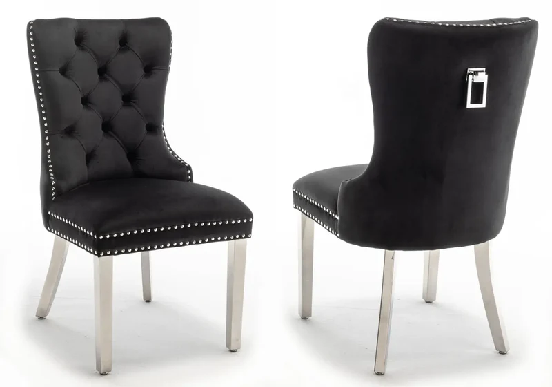 Chaises en velours noir avec poignée argentée - Lora x2