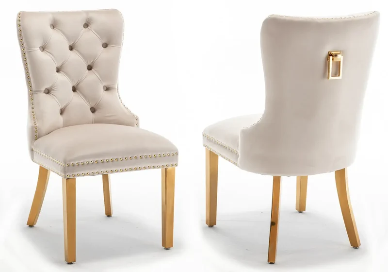 Chaises en velours beige avec poignée dorée - Lora x2