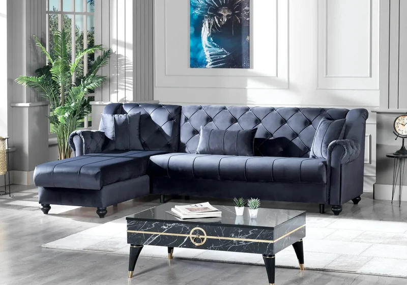 Canapé méridienne velours bleu nuit capitonné – MEVA