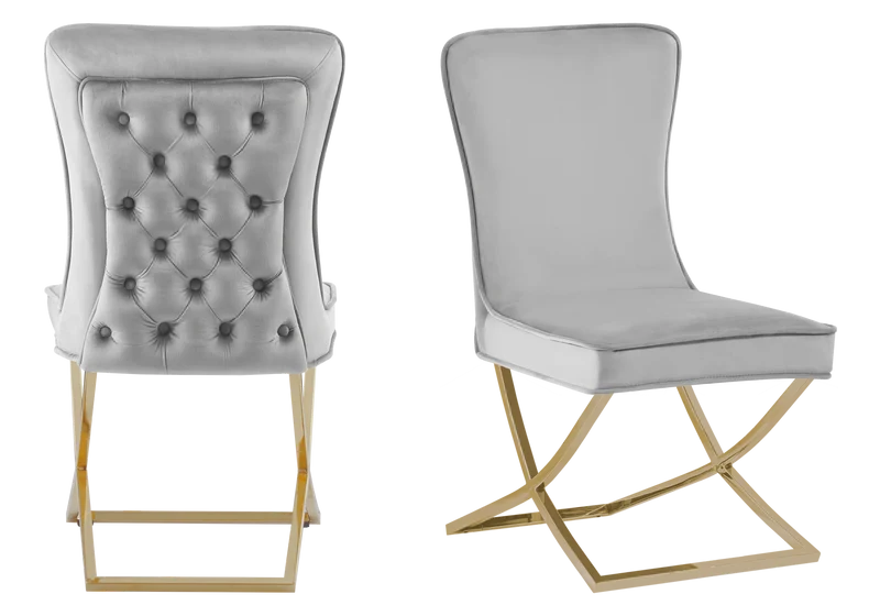 Chaise capitonnée pied croisé doré grise - Enzo x2