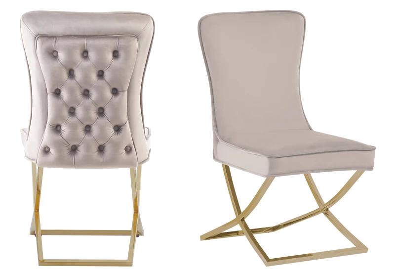 Chaise capitonnée pied croisé doré beige - Enzo x2