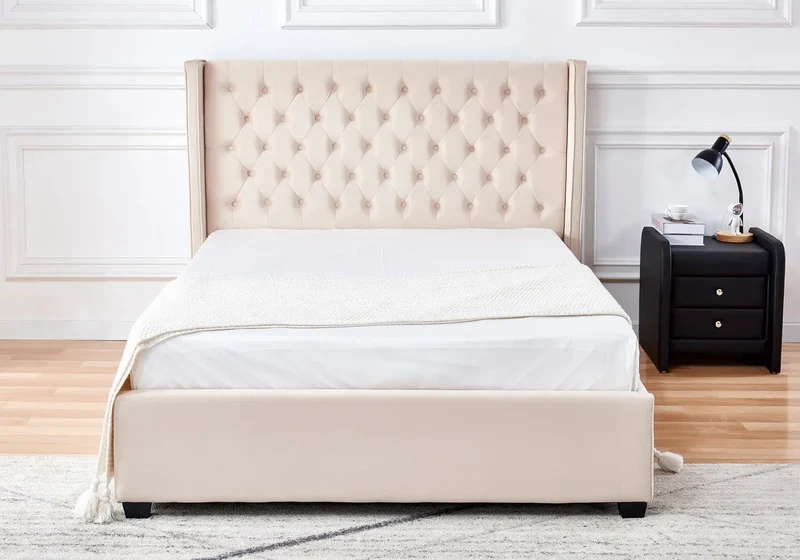Lit capitonné velours beige - Vora
