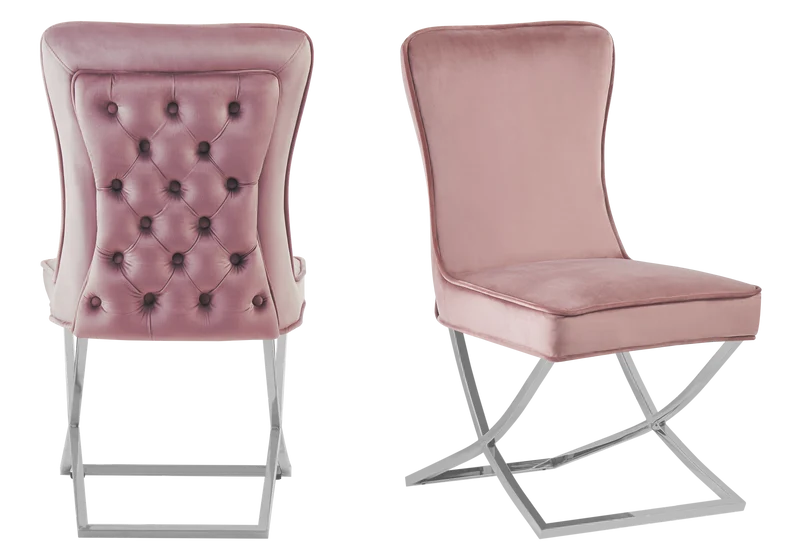 Chaise capitonnée pied croisé argent rose - Enzo x2