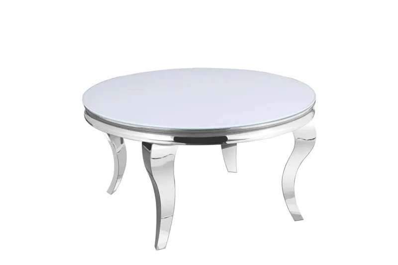 Table basse ronde baroque chrome et plateau en verre de 80 cm