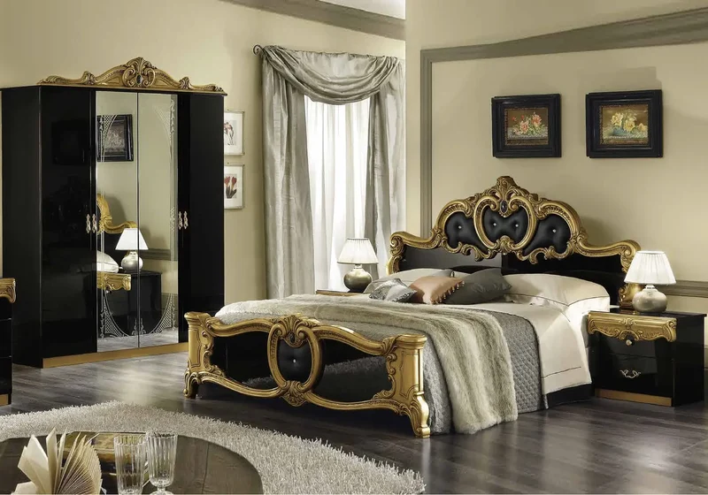 Chambre complète capitonnée baroque noir et or - KONE