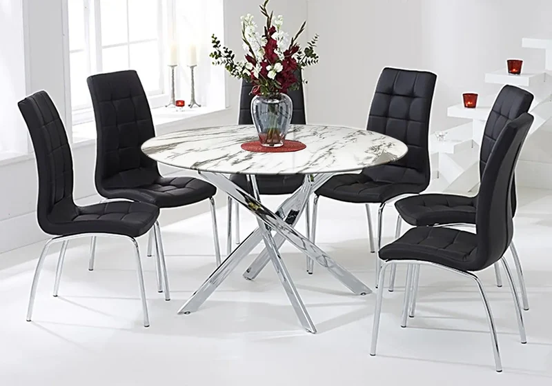 Table marbre blanc 6 chaises noires - Design