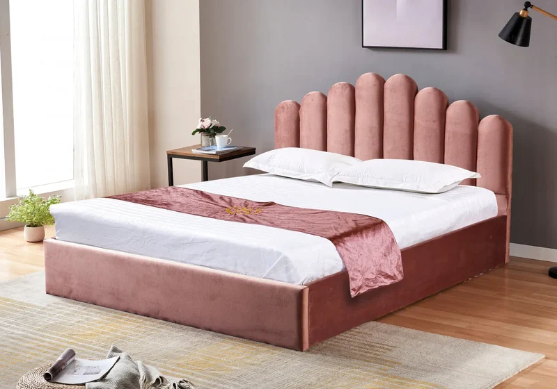 Lit coffre velours rose capitonné - Carla