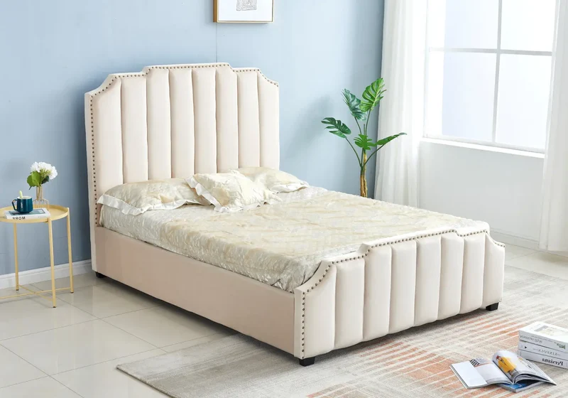 Lit velours beige capitonné - Era