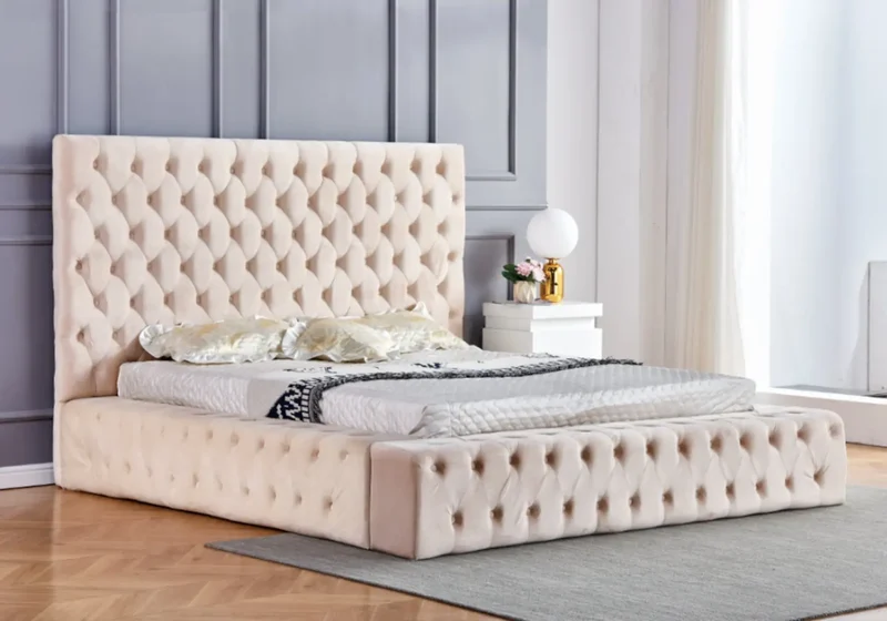 Lit capitonné velours beige - Celia