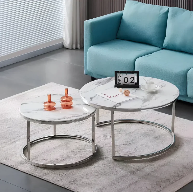 Table Basse Duo ROMI marbre blanc argent