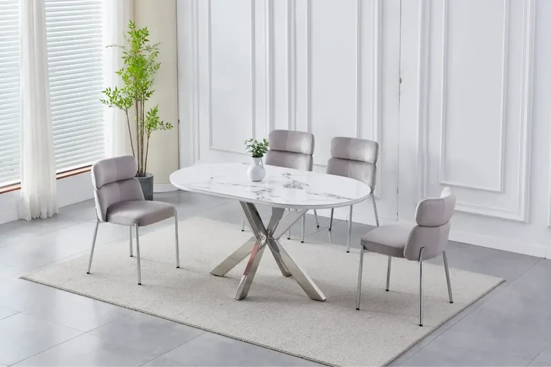 Table à manger OPHELIA marbre blanc pied argent