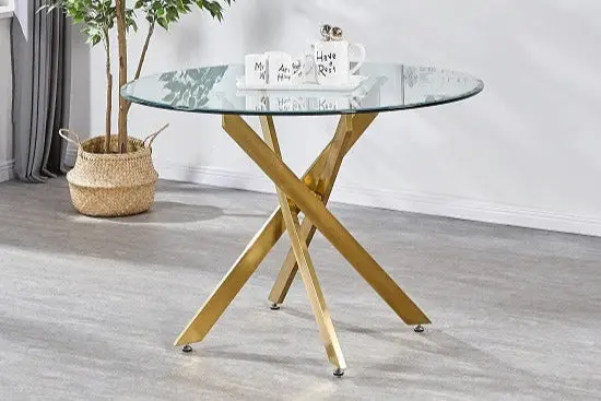 Jessy Table à manger Ronde 100cm en verre pied or