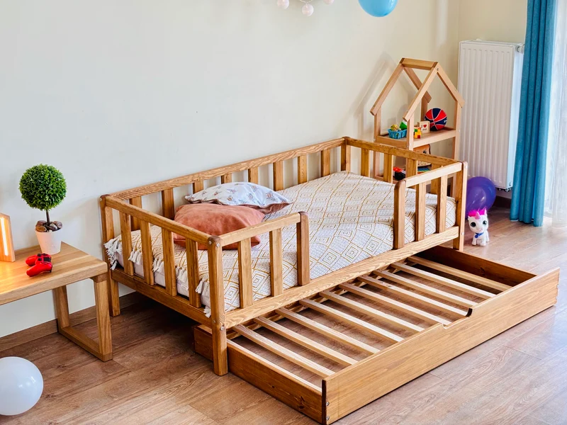 Montessori Toddler Bed with Trundle Drawer – Low Wooden Bed Frame, Pull-Out Sleeping Space, Rounded Corners