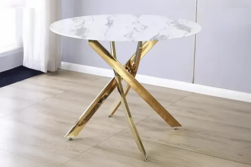 Table à manger OLIVIA 100cm marbre blanc pied or