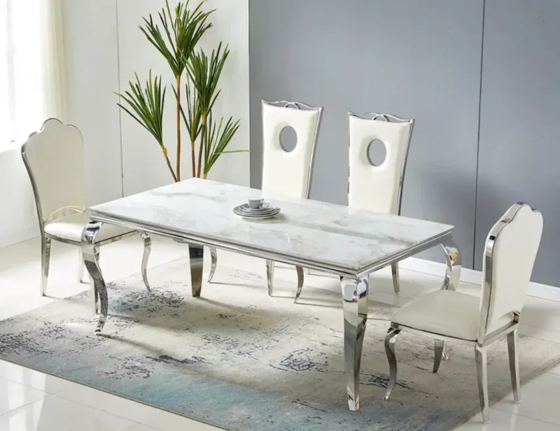 Table à Manger BAROQUE marbre blanc pied argent 180cm