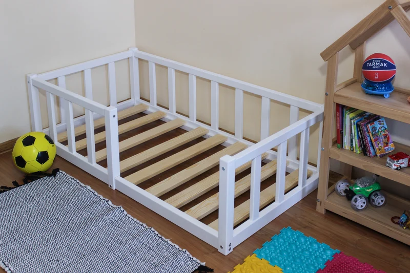 Snow White Montessori floor toddler Platform bed frame with slats, rails. Children's bed with railing, furniture