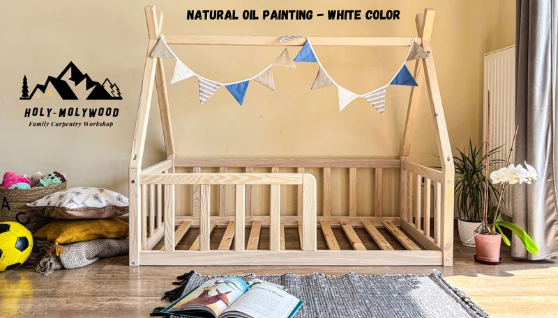 Montessori Teepee Toddler Bed – Wooden Floor Bed with Slats, Low Kids Bed Frame