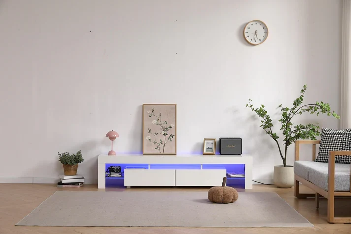 Meuble TV ECLIPSE Blanc – 180x35x38 cm – Design Moderne avec LED & Rangement Intégré