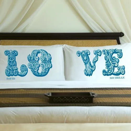 Blissful Blue LOVE Connection Couples Personalized Pillow Case Set