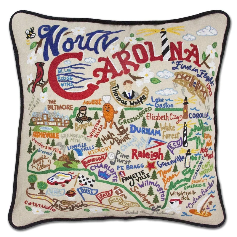 North Carolina Embroidered CatStudio State Pillow