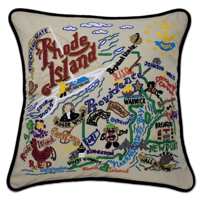 Rhode Island Hand Embroidered CatStudio State Pillow
