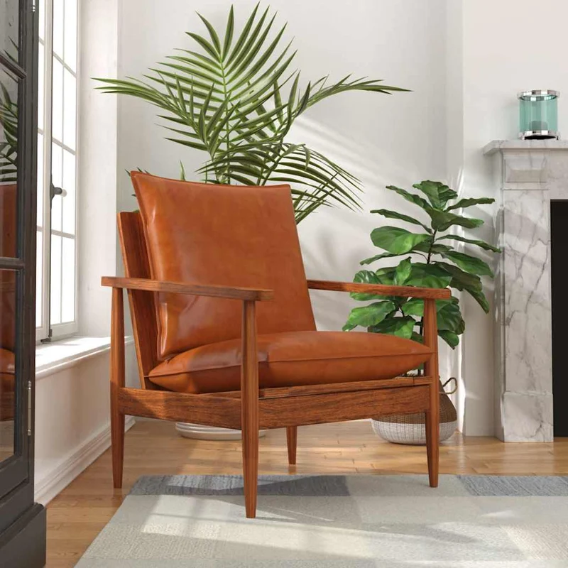 vidaXL Fauteuil echt leer met acaciahout bruin