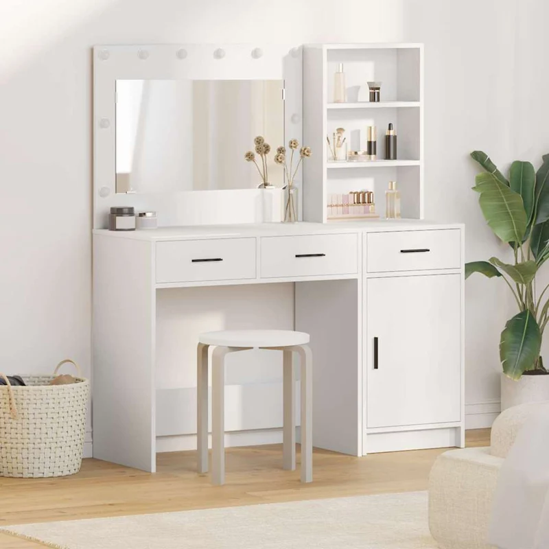 vidaXL Kaptafel met spiegellichten met lade 2 pcs Wit Bewerkt hout