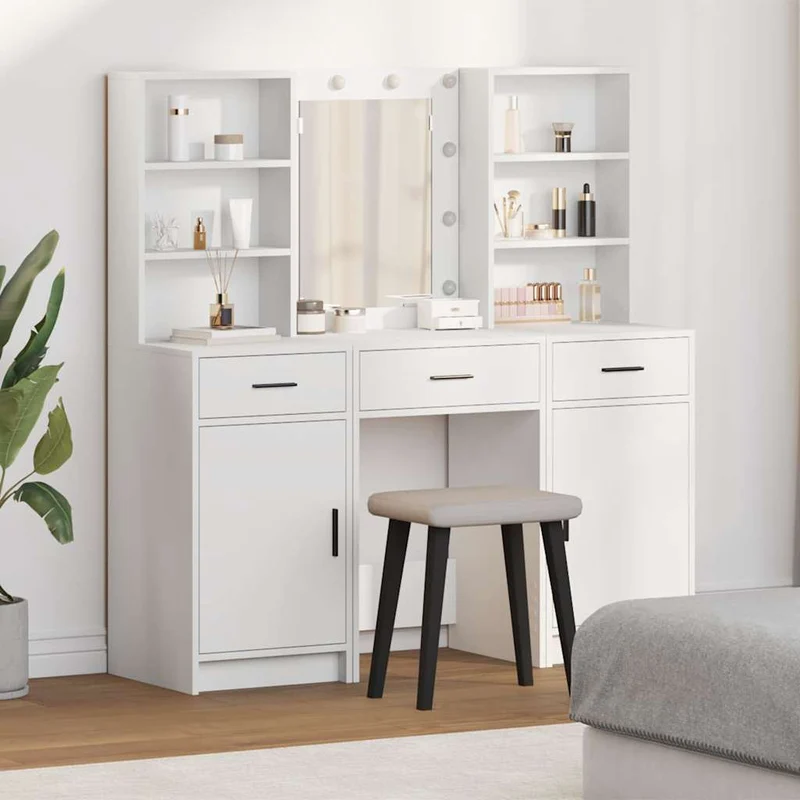vidaXL Dressing tafel set met LED met lade 3 pcs Wit Bewerkt hout