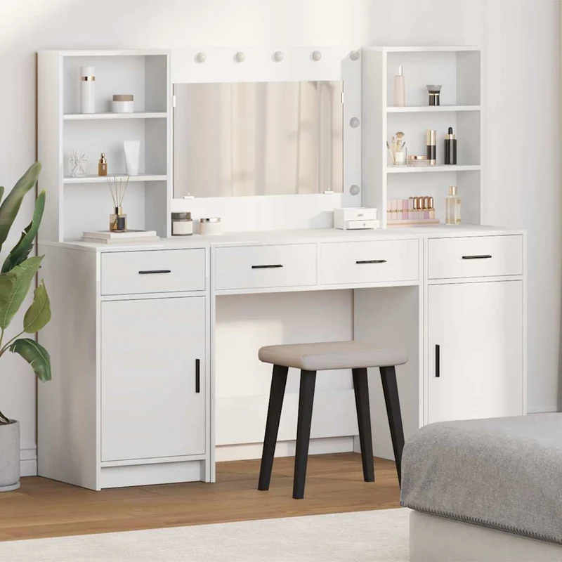 vidaXL Dressing tafel set met LED met lade 3 pcs Wit Bewerkt hout