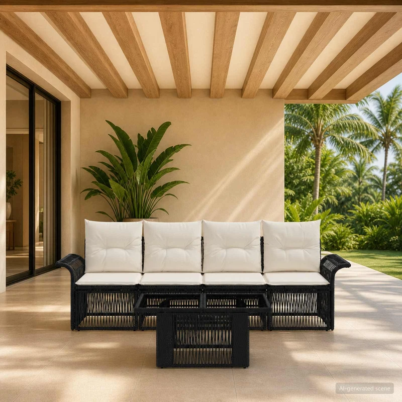 vidaXL Tuinbank Set 5 st Zwart en Crème Wit poly rattan
