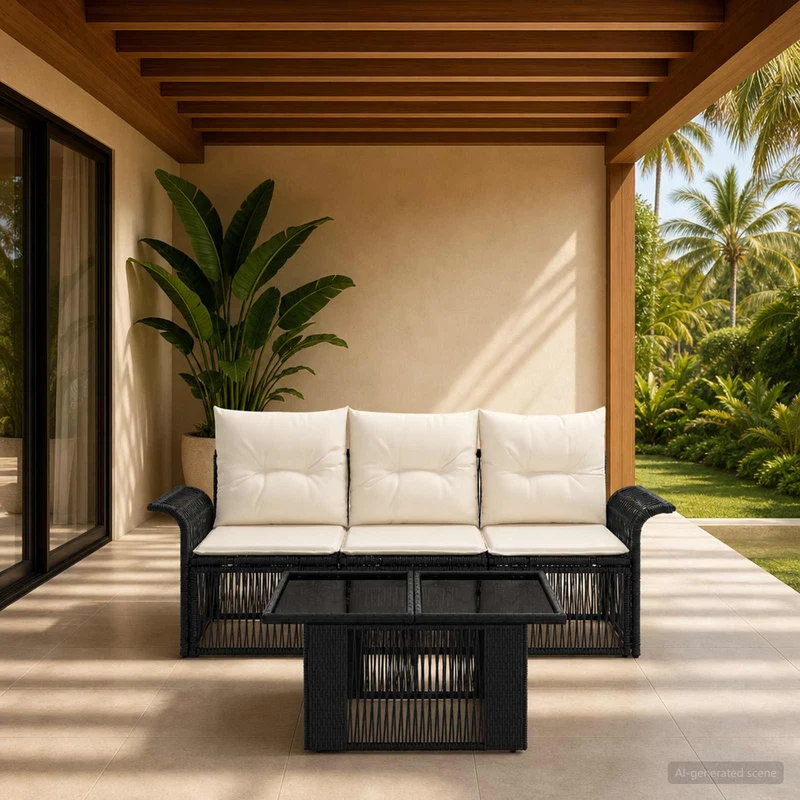 vidaXL Tuinbank Set 4 st Zwart en Crème Wit poly rattan