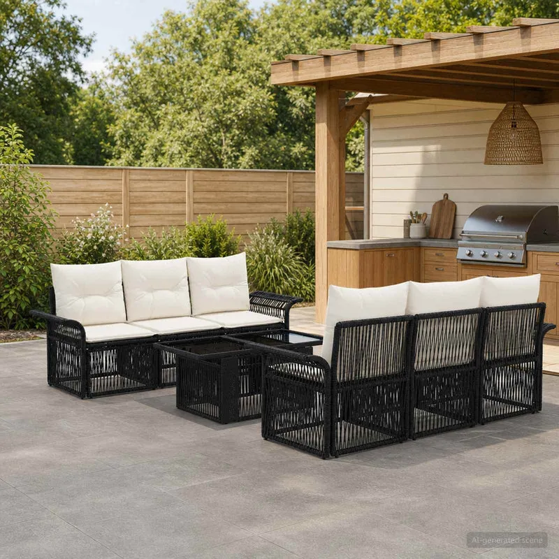 vidaXL Tuinbank Set 7 st Zwart en Crème Wit poly rattan