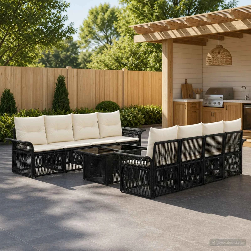 vidaXL Tuinbank Set 9 st Zwart en Crème Wit poly rattan