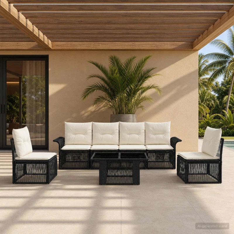vidaXL Tuinbank Set 7 st Zwart en Crème Wit poly rattan