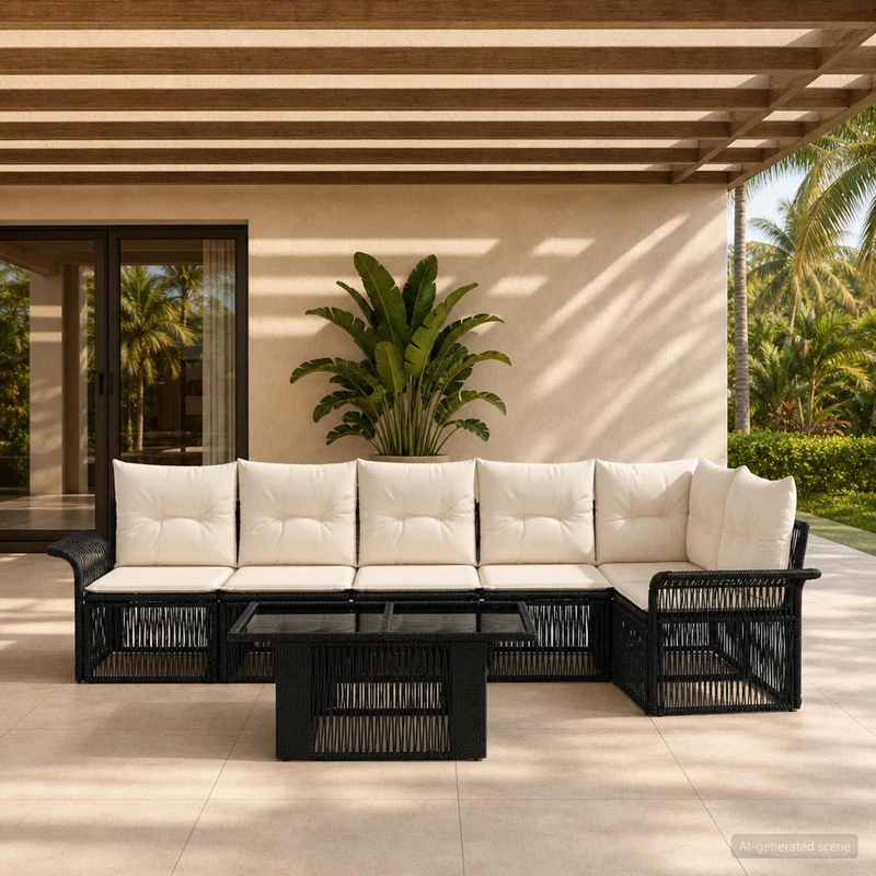 vidaXL Tuinbank Set 7 st Zwart en Crème Wit poly rattan