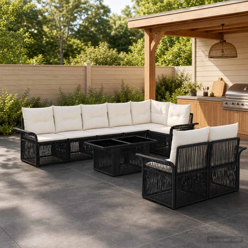 vidaXL Tuinbank Set 9 st Zwart en Crème Wit poly rattan