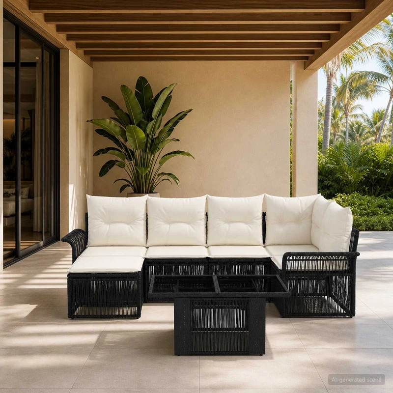 vidaXL Tuinbank Set 7 st Zwart en Crème Wit poly rattan