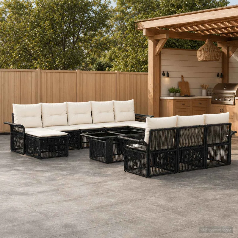 vidaXL Tuinbank Set 11 st Zwart en Crème Wit poly rattan